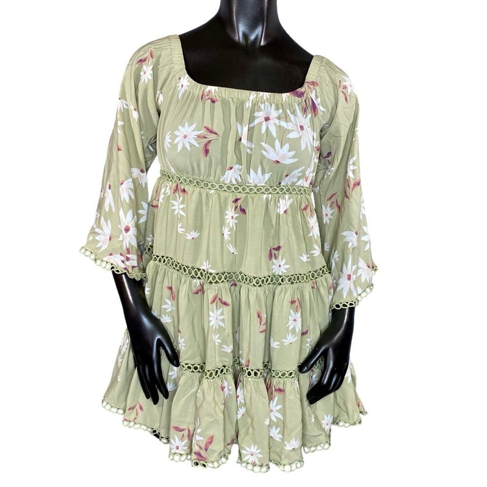 Anthropologie Mini Dress Cottagecore Ruffled Pastel Floral Squareneck SZ SM